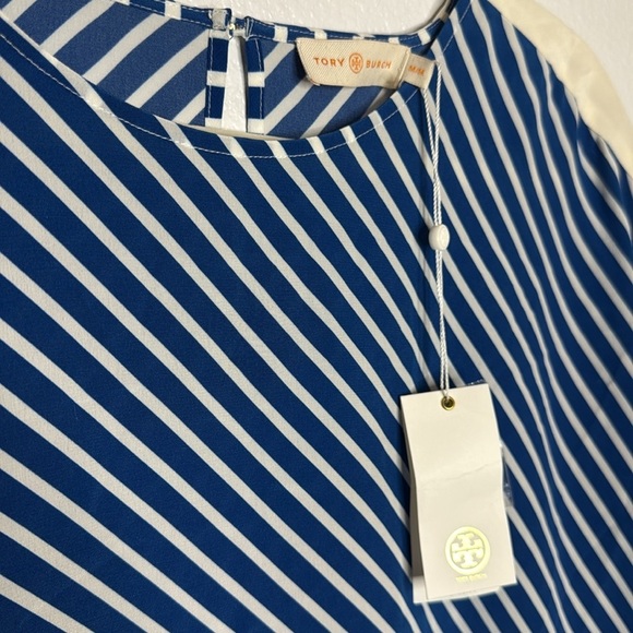 NWT Tory Burch Silk Blue White Striped Sheer Short Sleeve Blouse M $295 MSRP - Picture 2 of 5